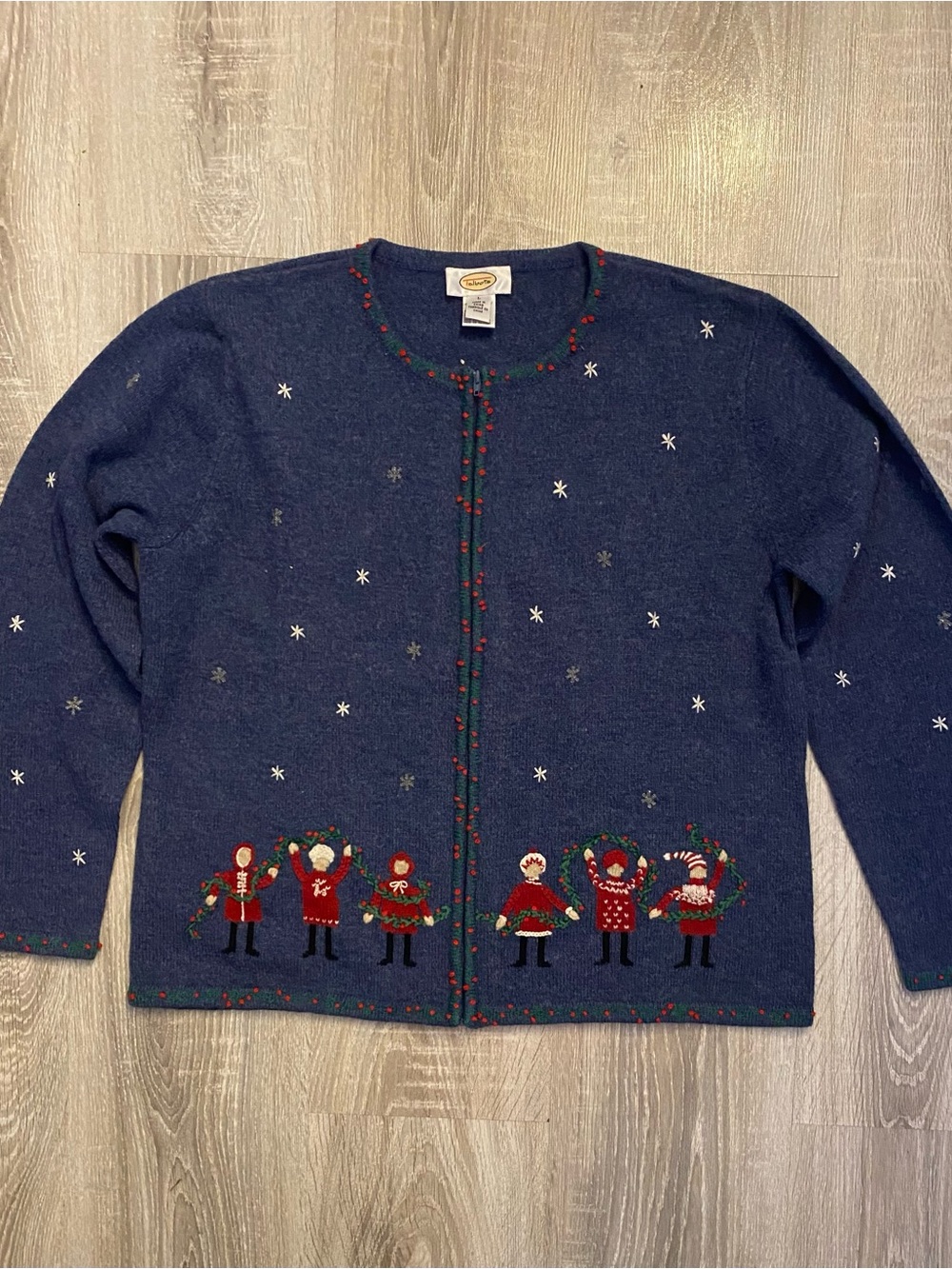 Talbots Navy Embroidered Holiday Cardigan with Festive Figures